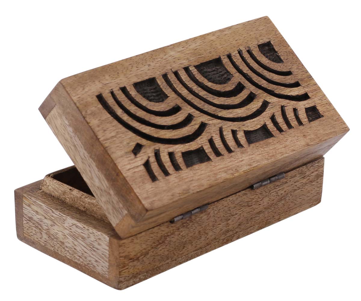 Wholesale Set of 3 Wooden Jewelry Box in Bulk - Source Hand-Carved Wood Jewelry Boxes/Trinket Boxes in Brown & Black Color with Intricate Carving in Abstract Pattern at the Top from India