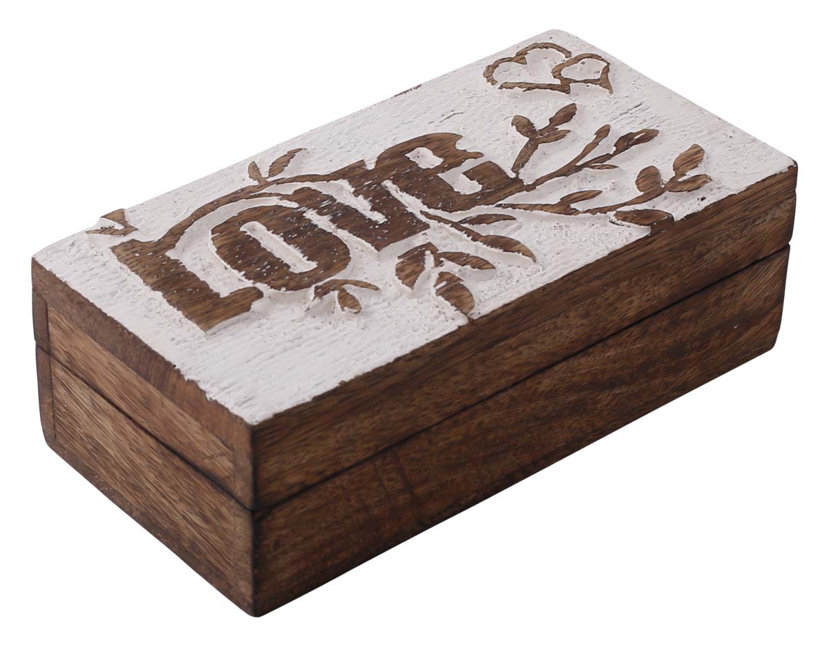Wholesale Set of 3 Wooden Jewelry Box in Bulk - Source Hand-Carved Wood Jewelry Boxes/Trinket Boxes in Brown & White Color with Intricate Carving of ‘LOVE’ at the Top from India