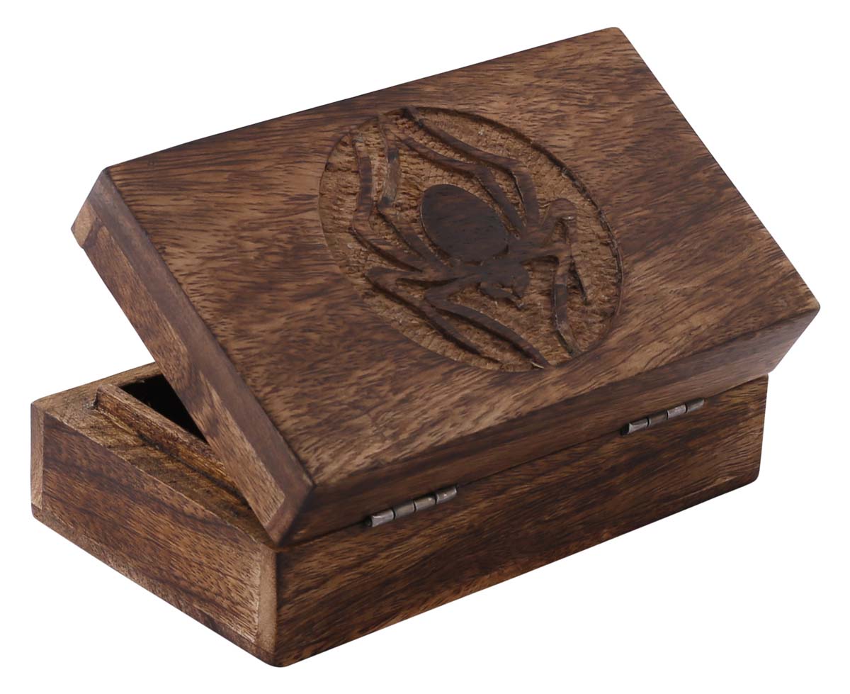 Hand-Carved Set of 3 Wooden Jewelry Box in Bulk - Wholesale Wood Jewelry Box/Trinket Box in Brown Color with Intricate Carving in Spider Design at the Top from India