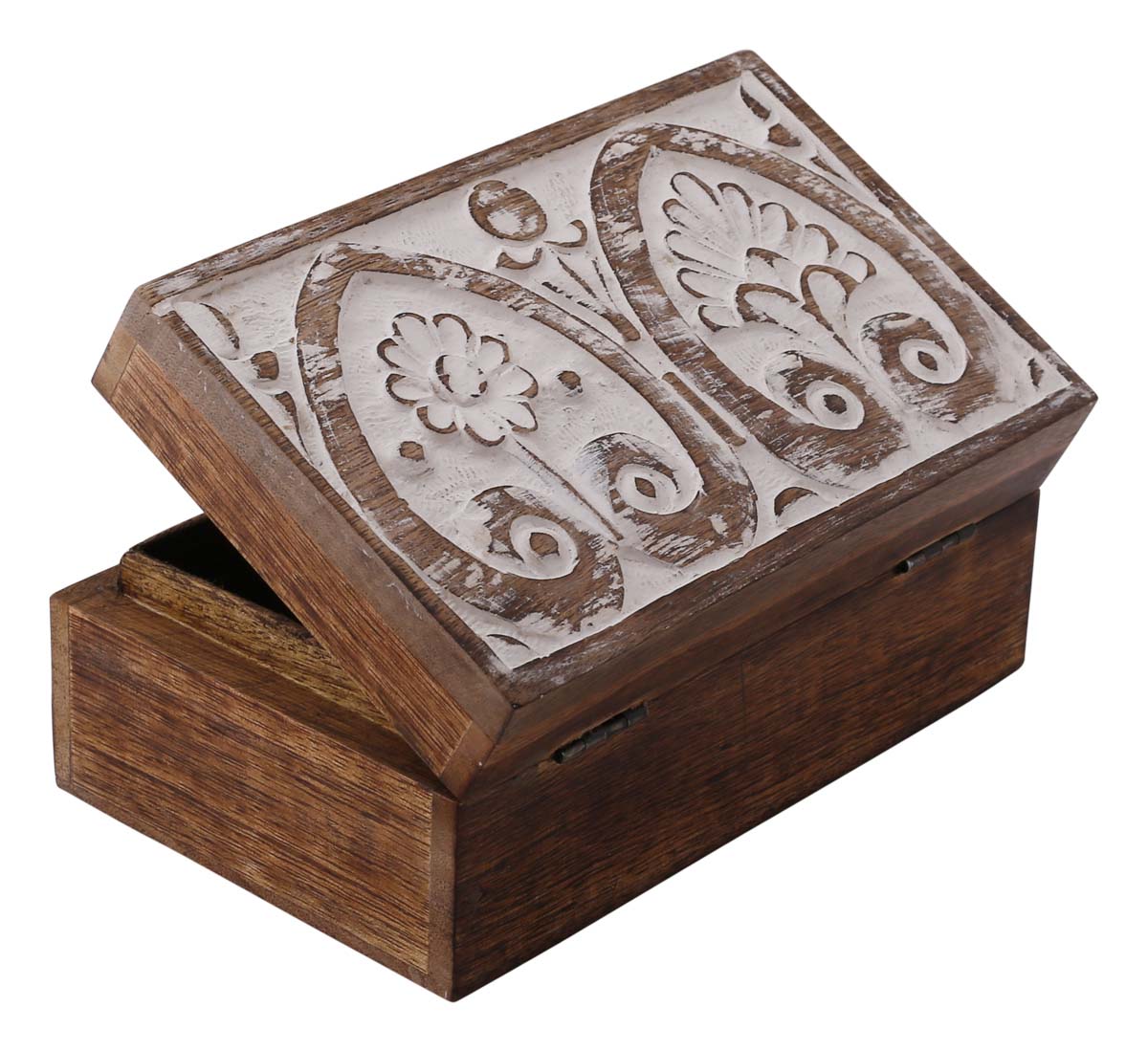 Bulk Buy Hand-Carved Set of 3 Wooden Jewelry Box - Wholesale Wood Jewelry Box/Trinket Box in Brown & White Color with Intricate Carving of Floral Motifs from India