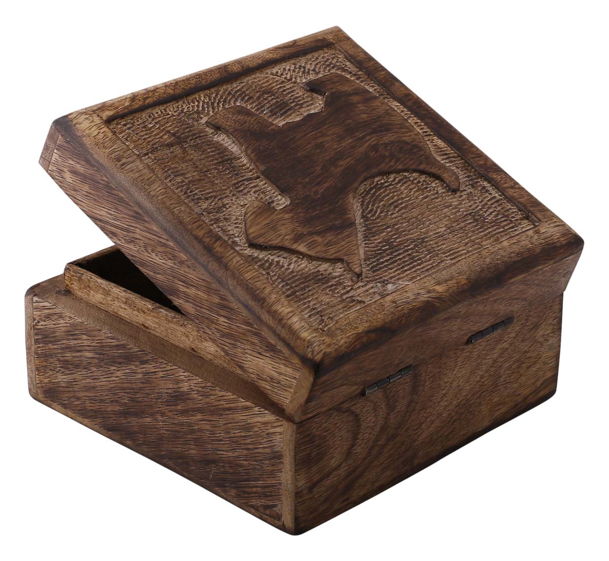 Wholesale Set of 3 Wooden Jewelry Box in Bulk - Source Hand-Carved Wood Jewelry Boxes/Trinket Boxes in Brown Color with Intricate Carving of ‘Dog’ at the Top from India