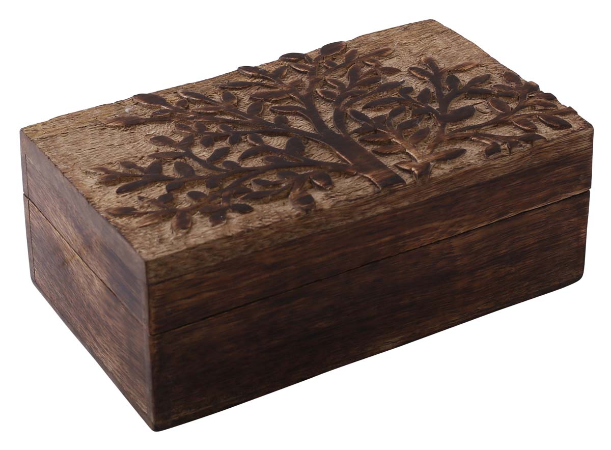 Hand-Carved Set of 3 Wooden Jewelry Box in Bulk - Wholesale Wood Jewelry Box/Trinket Box in Brown Color with Intricate Carving of 'Tree' at the Top from India
