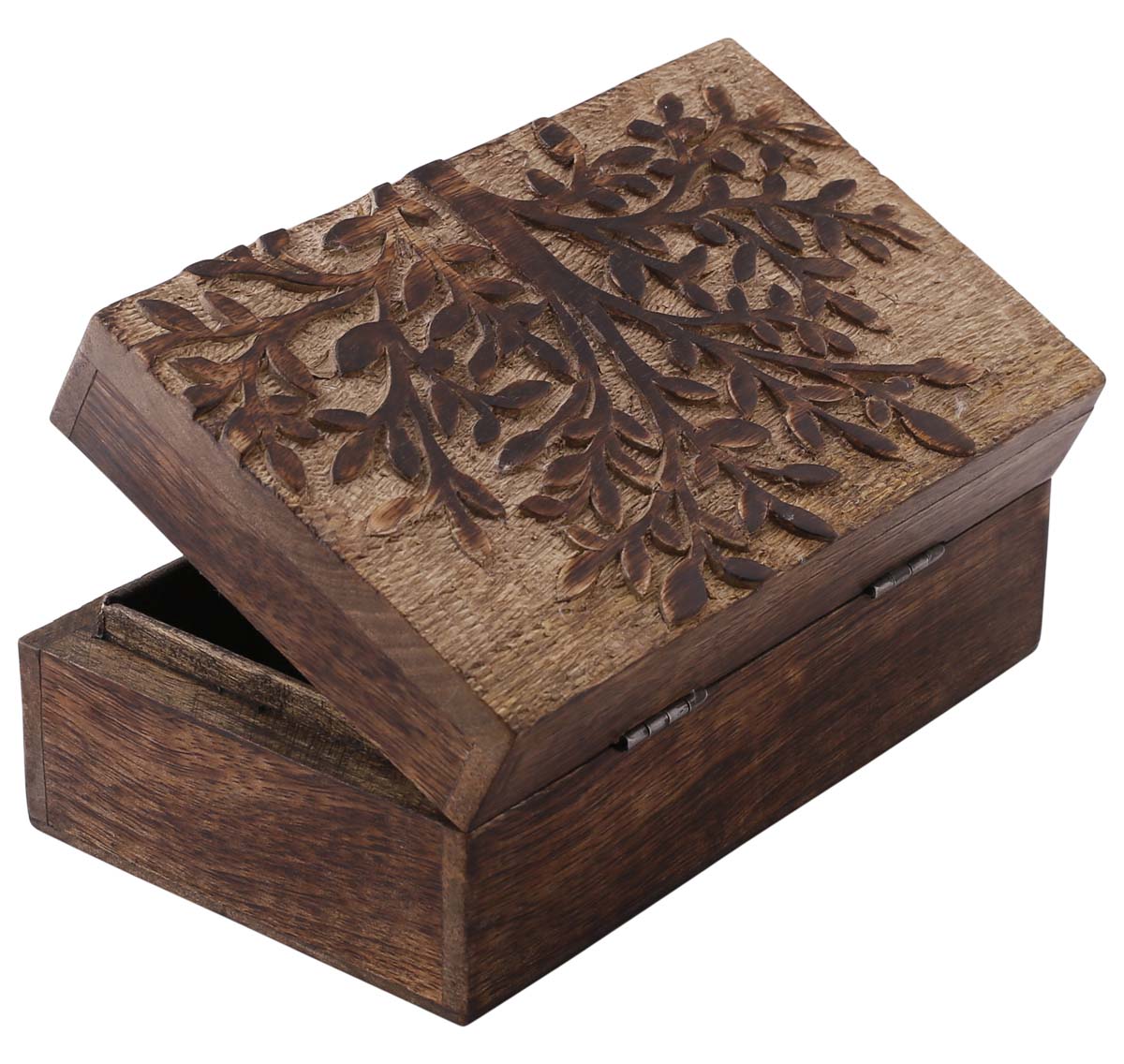 Hand-Carved Set of 3 Wooden Jewelry Box in Bulk - Wholesale Wood Jewelry Box/Trinket Box in Brown Color with Intricate Carving of 'Tree' at the Top from India