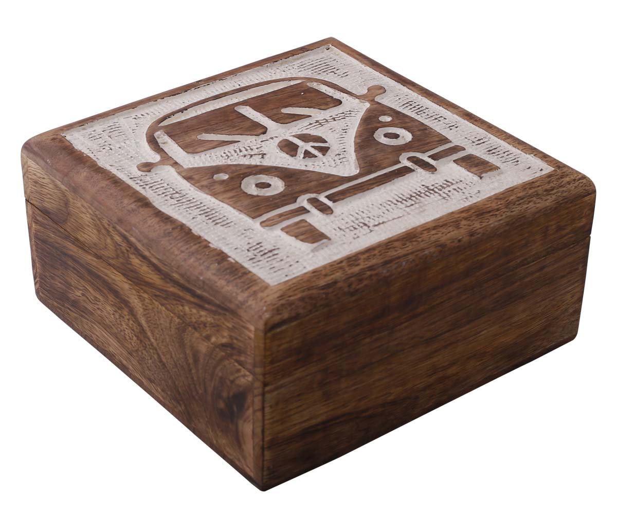 Bulk Buy Hand-Carved Wooden Jewelry Box - Wholesale Wood Jewelry Box/Trinket Box in Brown & White Color with Intricate Carving of ‘Mercedes Bus’ at the Top from India