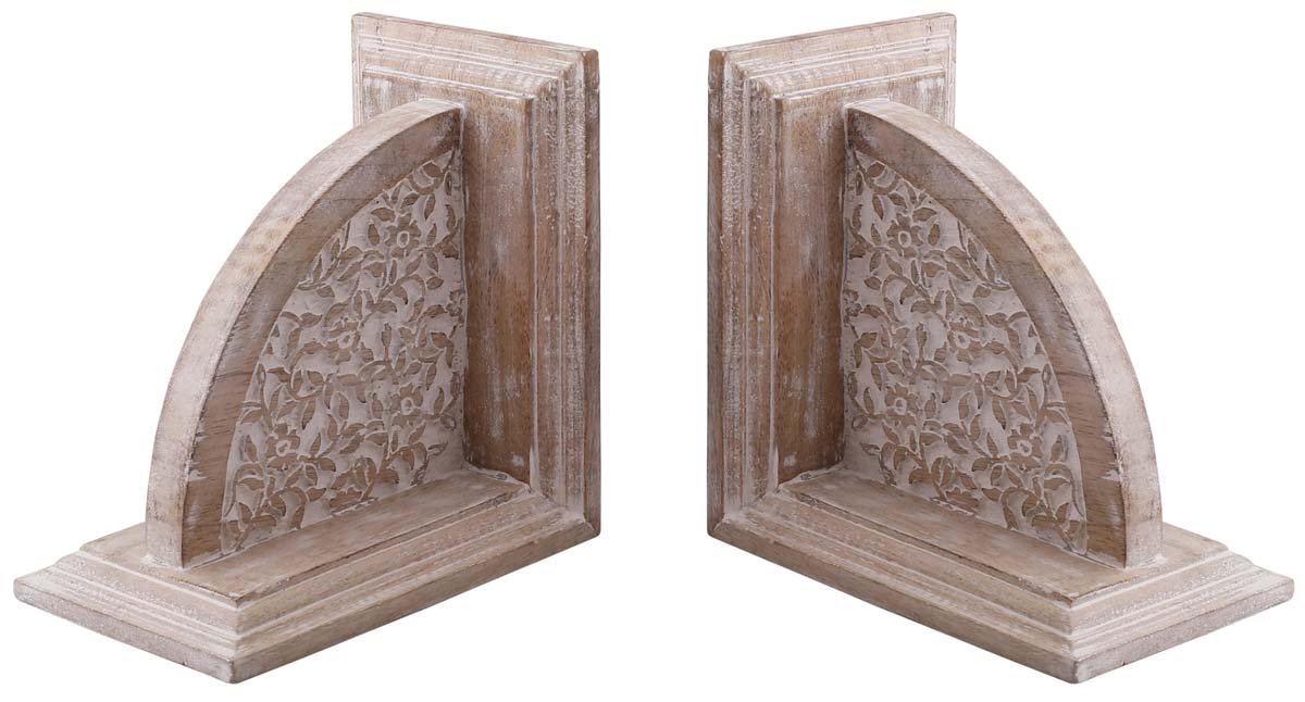 Bulk Wholesale Hand-Carved 12” Mango-Wood Bookend with Carving of Leaves in Brown & White Distressed-Look – Antique-Look Bookshelf Accessories