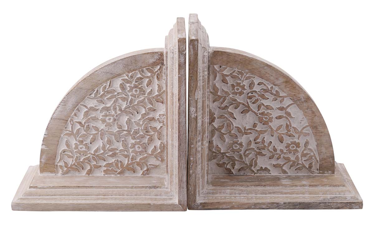 Bulk Wholesale Hand-Carved 12” Mango-Wood Bookend with Carving of Leaves in Brown & White Distressed-Look – Antique-Look Bookshelf Accessories