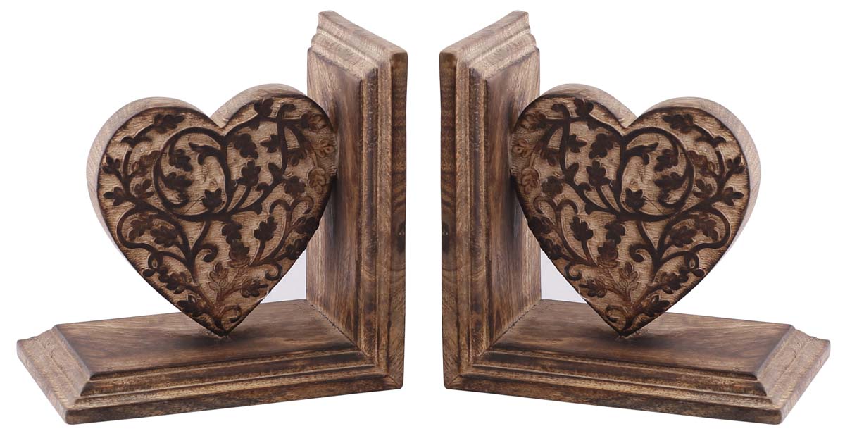 Bulk Wholesale Hand-Carved 12” Mango-Wood Heart-Shaped Bookend with Carving of Leaves in Brown – Antique-Look Bookshelf Accessories