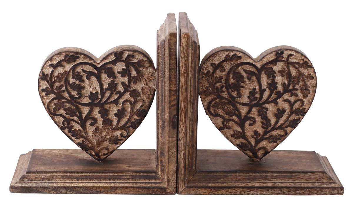 Bulk Wholesale Hand-Carved 12” Mango-Wood Heart-Shaped Bookend with Carving of Leaves in Brown – Antique-Look Bookshelf Accessories