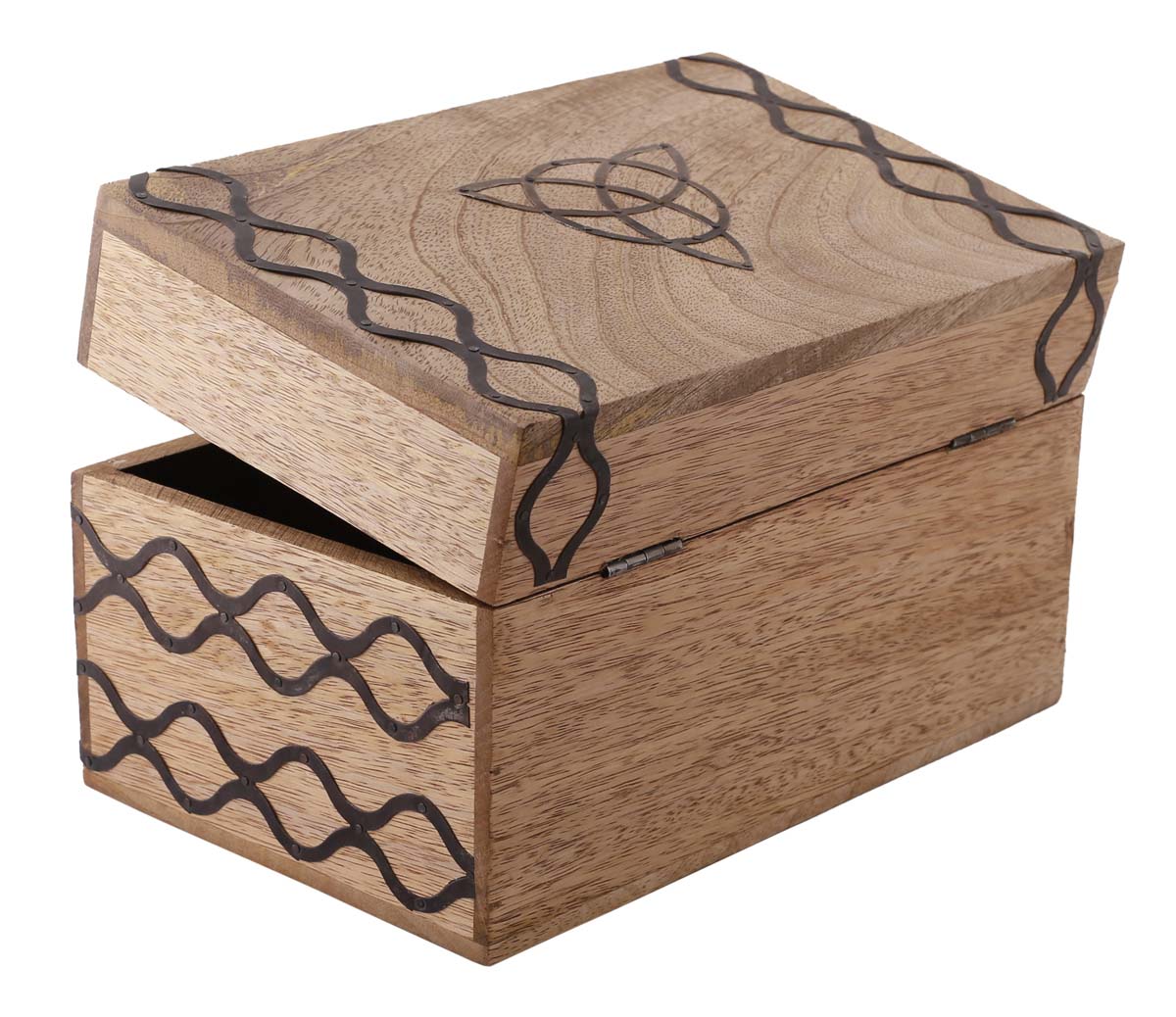 Source Trunk-Shaped Set of 3 Wood Jewelry Box in Bulk - Wholesale Hand-Carved Jewelry Boxes/Trinket Boxes in Brown with Black Wavy Pattern in Iron from India