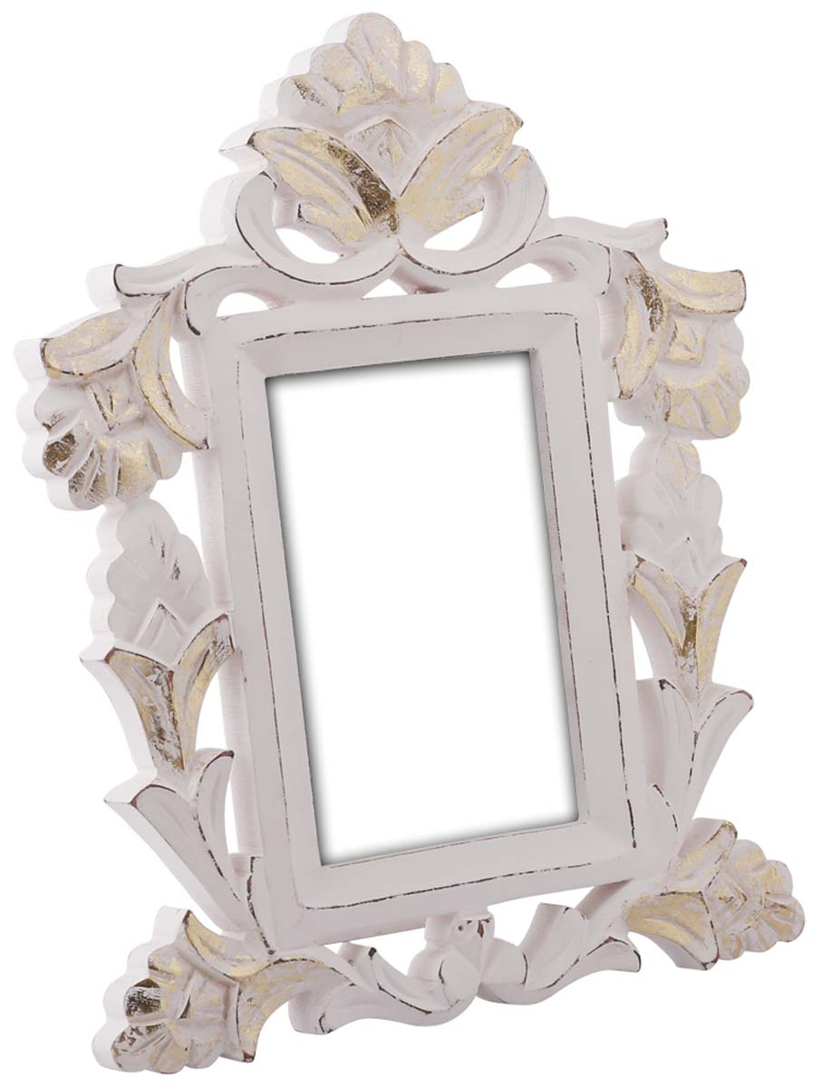 Buy 4x6 Inches Shabby Chic Picture Frame in Bulk - Wholesale Hand Crafted Wooden Photo Frame with Floral Carving in Distressed Golden & White Color - Home & Office Decor