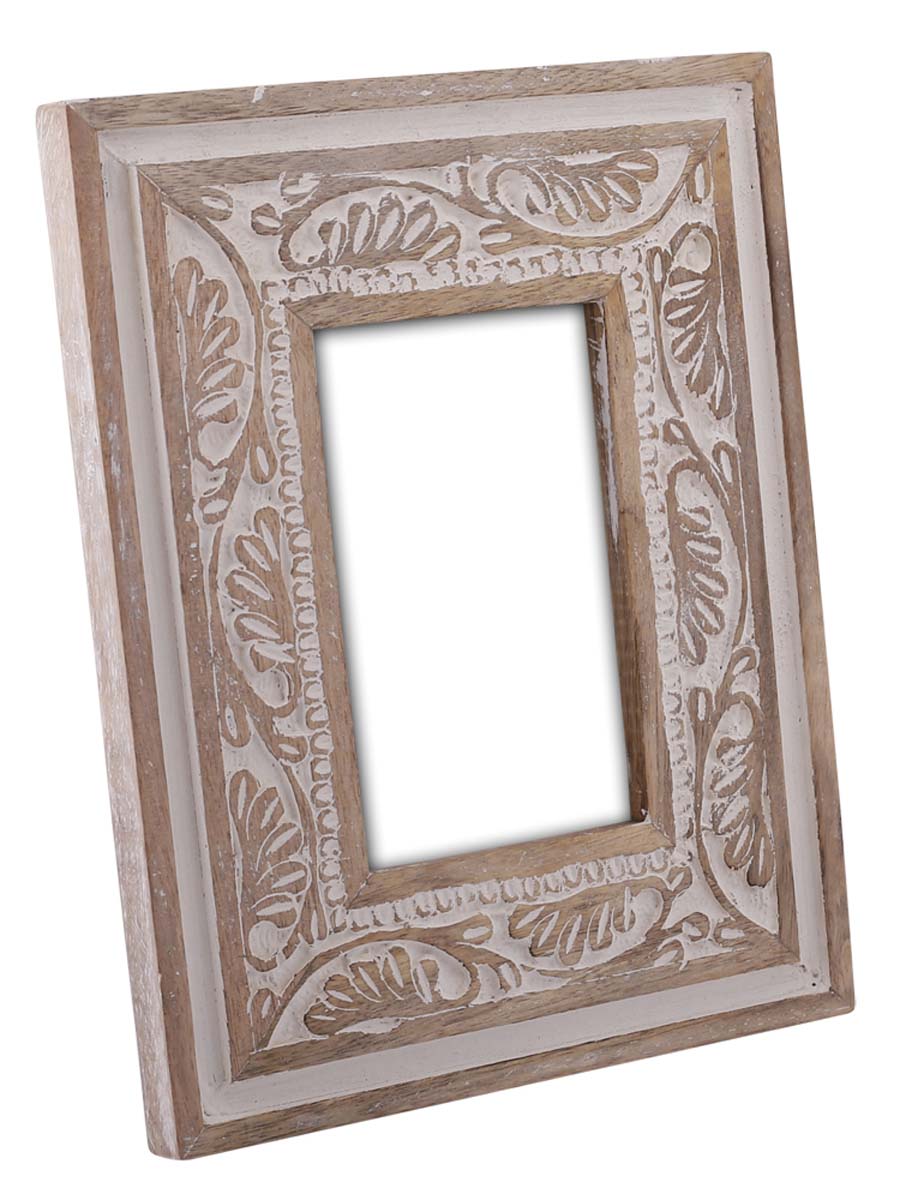4x6 Inches Shabby Chic Picture Frame in Bulk - Wholesale Handmade Wood Photo Frame/Picture Holder with Abstract Leafy Pattern in Brown & White Color - Home Decor Picture Frames from India