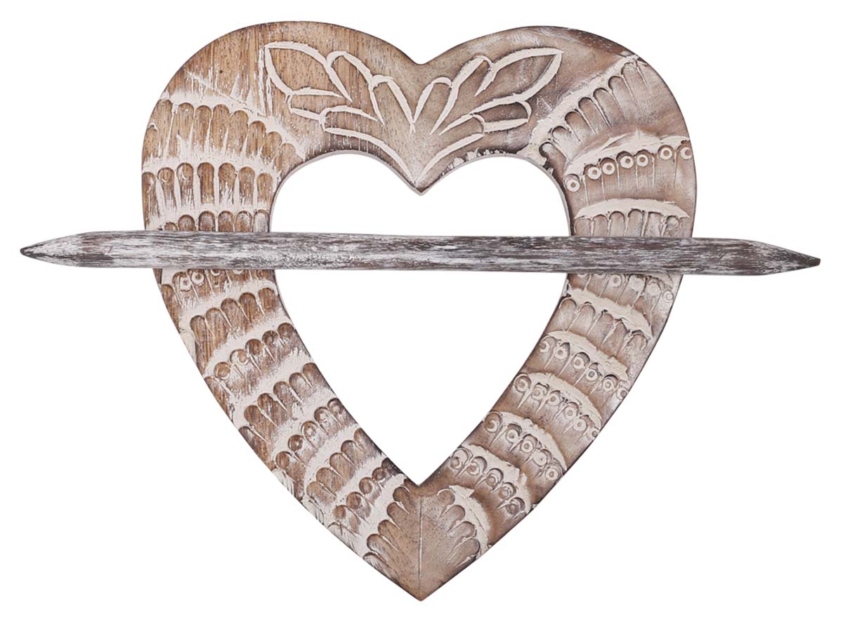 Bulk Wholesale Hand-Carved 9.5” Mango-Wood Heart-Shaped Curtain Tieback with Traditional-Look Motifs in Distressed White on Wood - Stylish Curtain Stoppers from India
