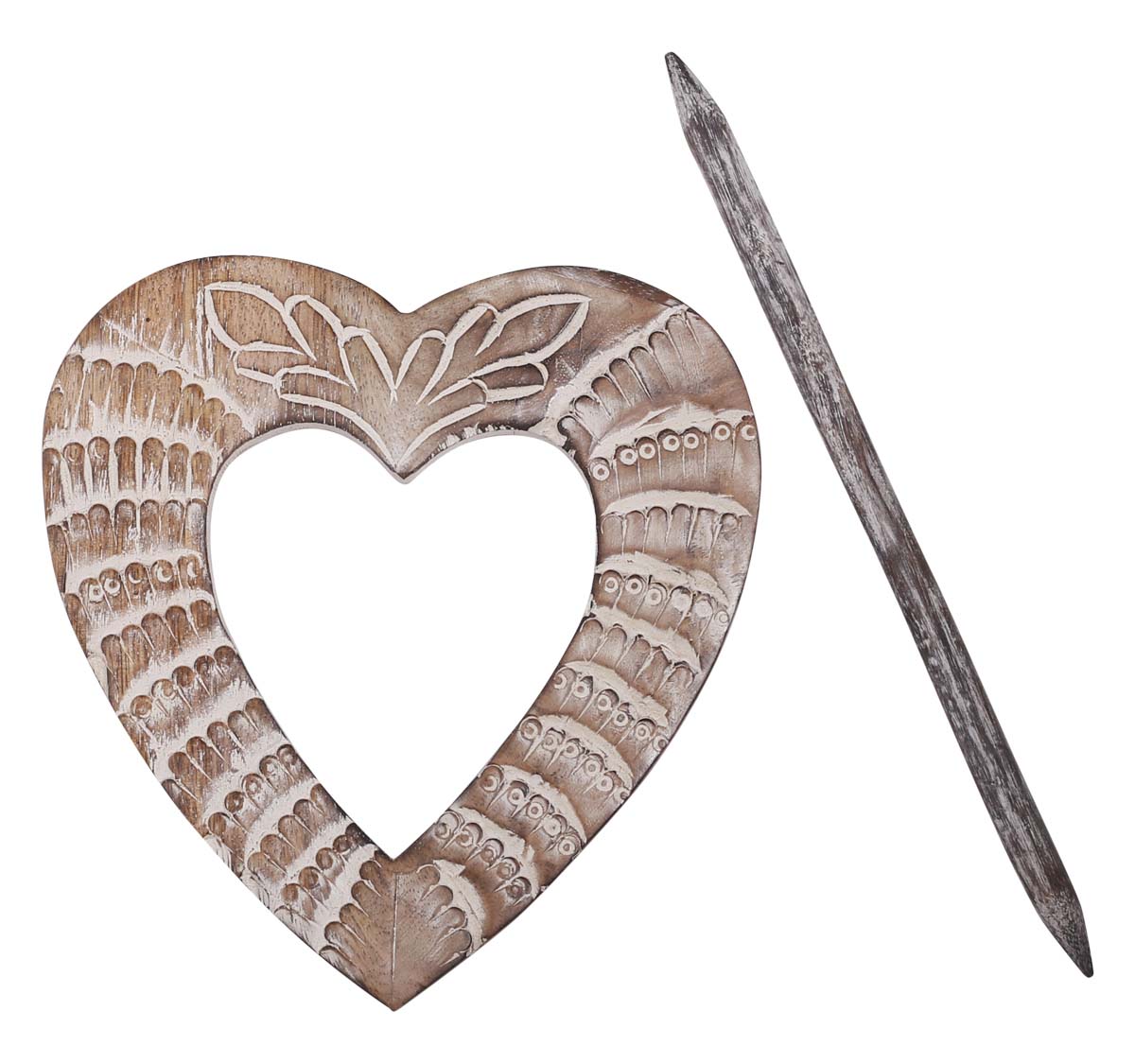 Bulk Wholesale Hand-Carved 9.5” Mango-Wood Heart-Shaped Curtain Tieback with Traditional-Look Motifs in Distressed White on Wood - Stylish Curtain Stoppers from India