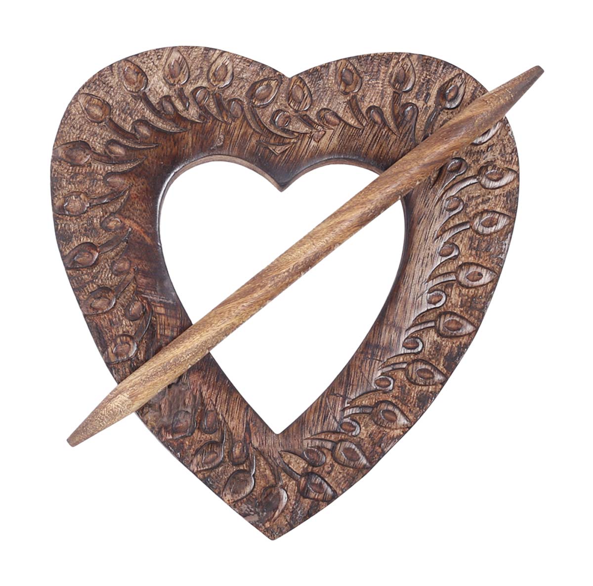 Bulk Wholesale Hand-Carved 9” Mango-Wood Heart-Shaped Curtain Tieback with Traditional-Look Motifs in Brown Color - Stylish Curtain Stoppers from India