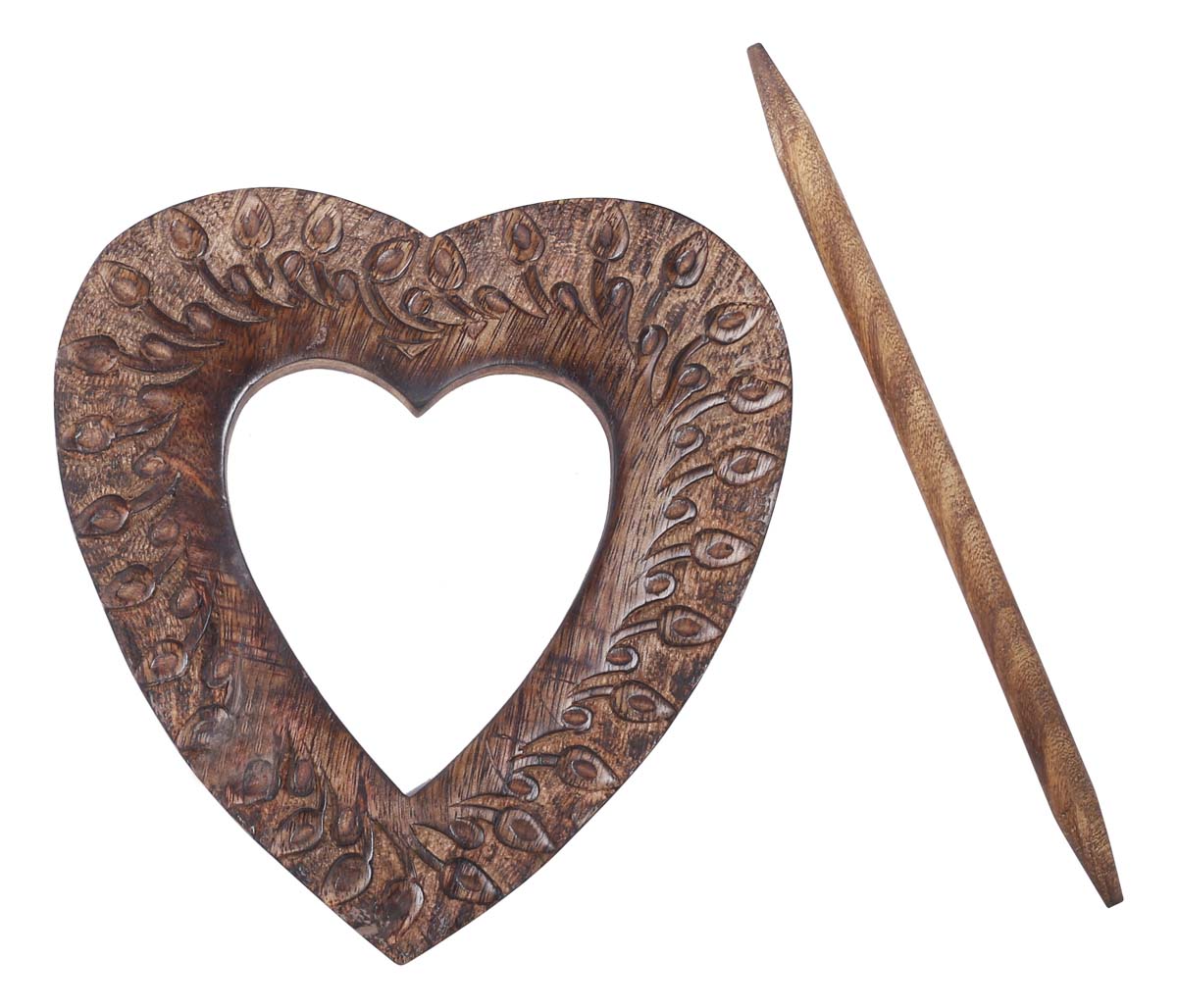 Bulk Wholesale Hand-Carved 9” Mango-Wood Heart-Shaped Curtain Tieback with Traditional-Look Motifs in Brown Color - Stylish Curtain Stoppers from India