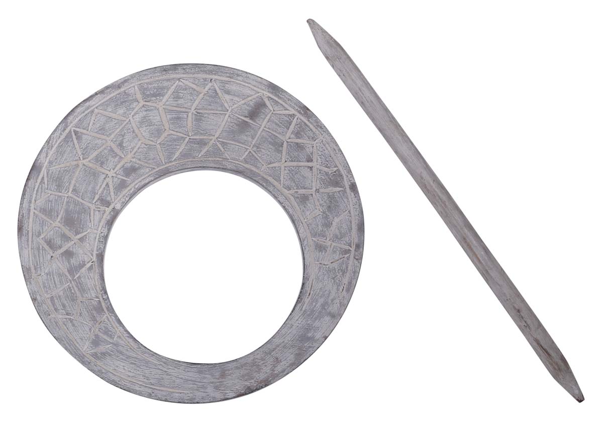 Bulk Wholesale Handmade 9.5” Mango-Wood Curtain Tieback with Traditional-Look Motifs in Distressed White on Wood - Stylish Curtain Stoppers from India