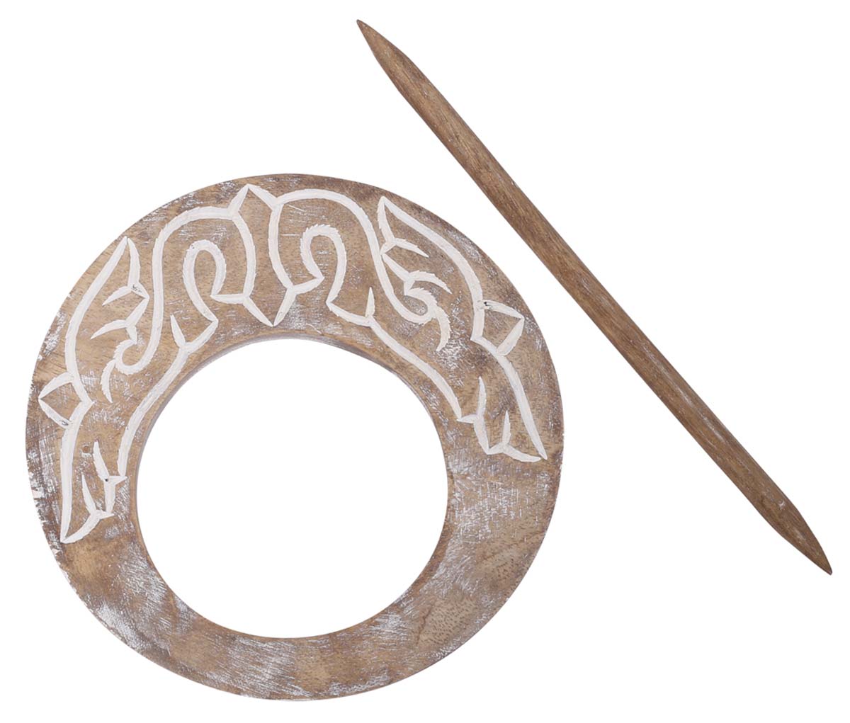 Bulk Wholesale Handmade 9.5” Mango-Wood Curtain Tieback with Traditional-Look Motifs in Distressed White on Wood - Stylish Curtain Stoppers from India