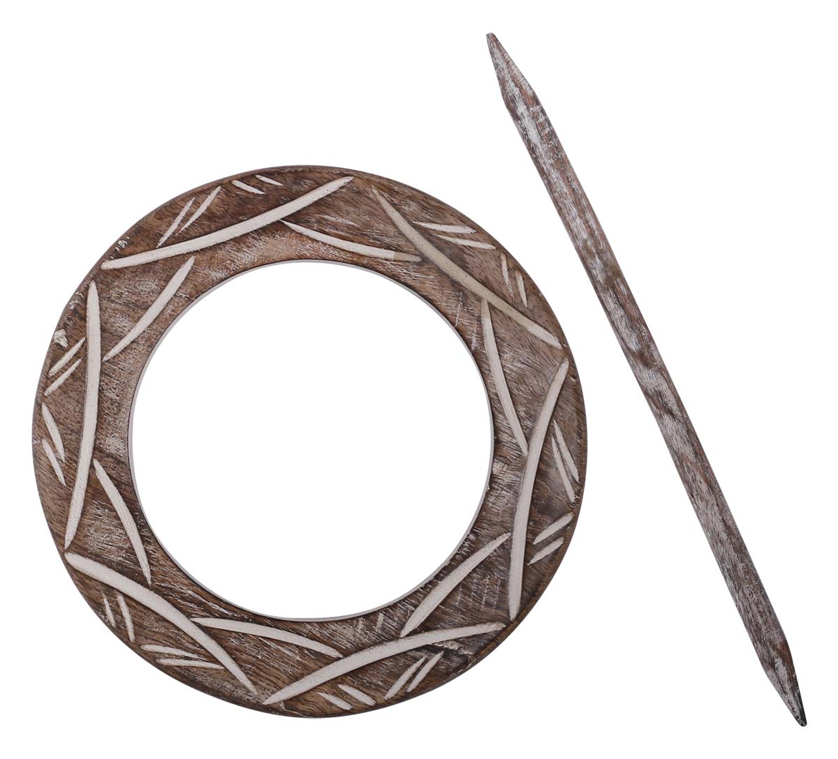 Bulk Wholesale Handmade 9.5” Mango-Wood Curtain Tieback with Abstract Motifs in Distressed White on Wood - Stylish Curtain Stoppers from India