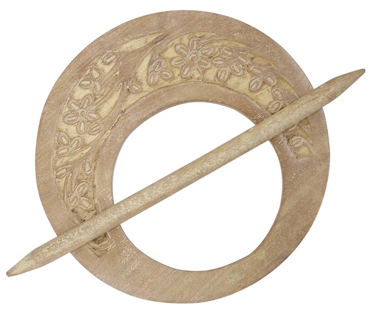 Bulk Wholesale Hand-Carved 9.5” Mango-Wood Curtain Tieback with Traditional-Look Motifs in Brown Color with Shades of Yellow - Antique-Look Curtain Stoppers from India