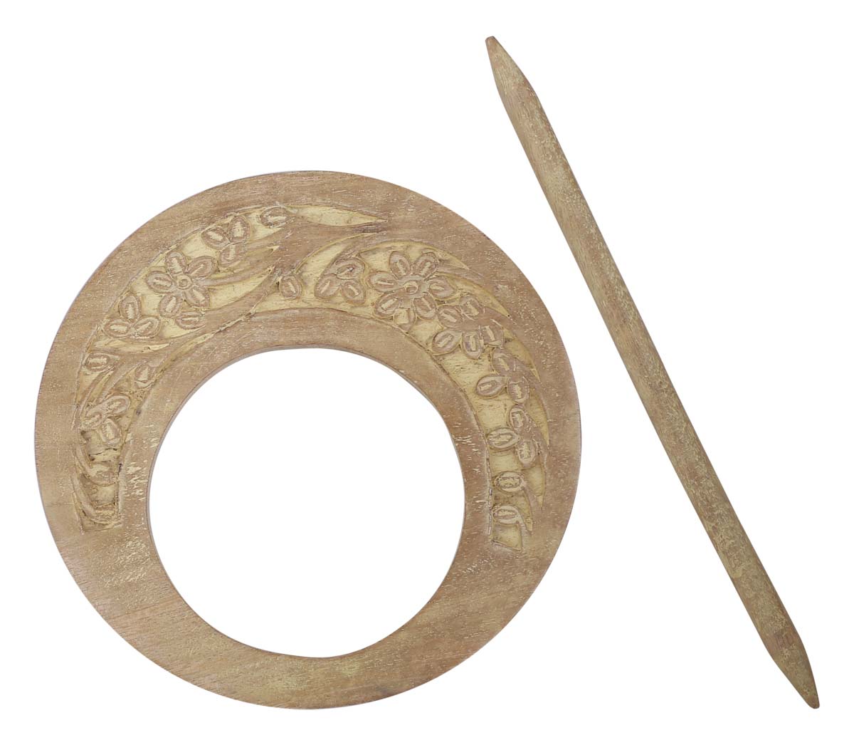Bulk Wholesale Hand-Carved 9.5” Mango-Wood Curtain Tieback with Traditional-Look Motifs in Brown Color with Shades of Yellow - Antique-Look Curtain Stoppers from India