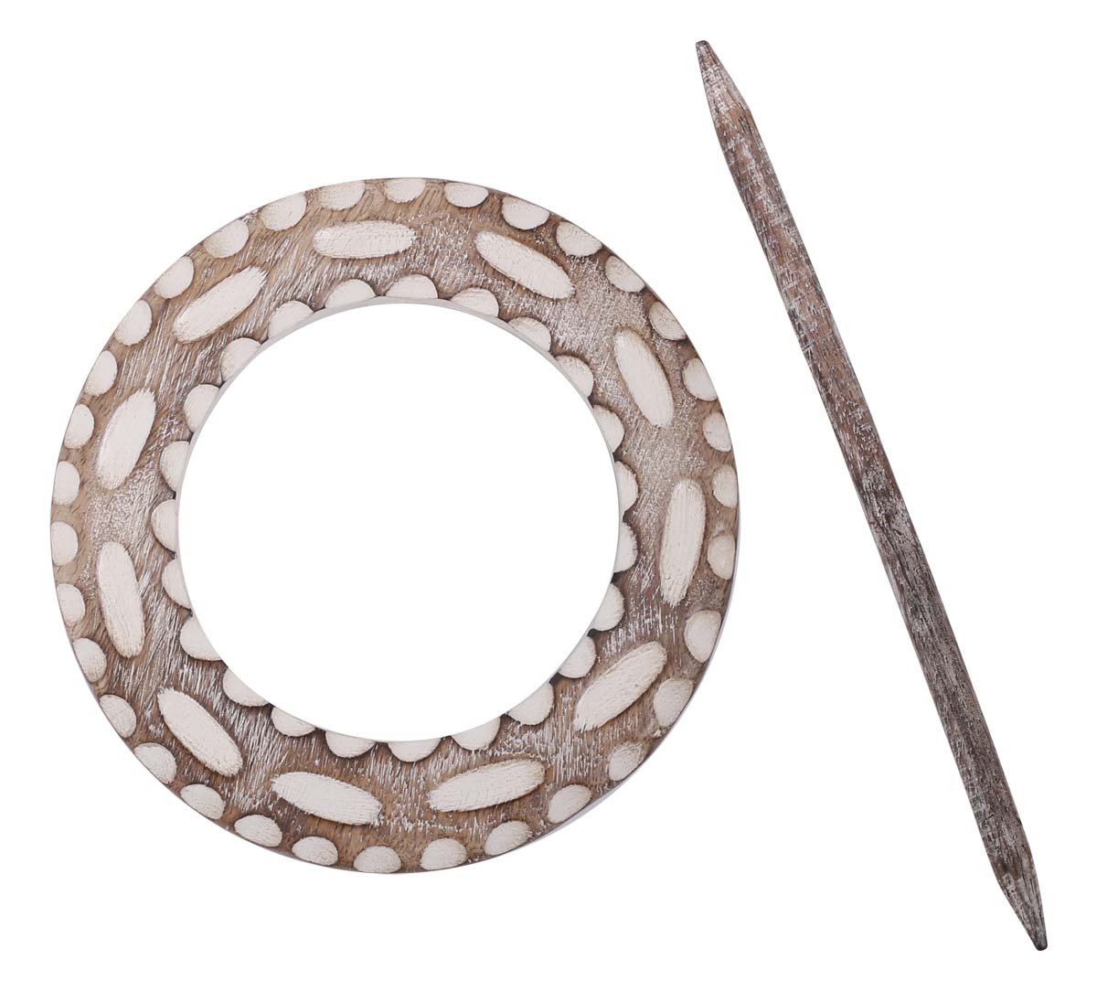 Bulk Wholesale Hand-Carved 9.5” Mango-Wood Curtain Tieback with Shades of White in Carved Wood - Antique-Look Curtain Stoppers from India