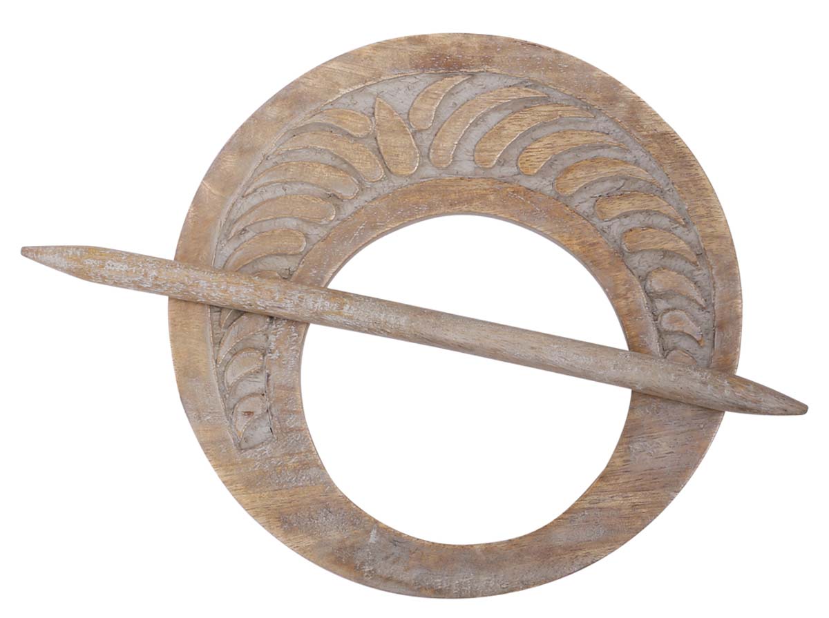 Bulk Wholesale Hand-Carved 9.5” Mango-Wood Brown Curtain Tieback with Traditional-Look Motifs Filled with Grey Color - Antique-Look Curtain Stoppers from India
