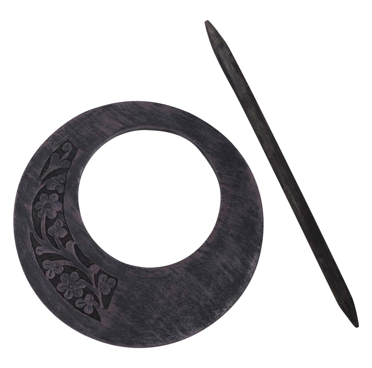 Bulk Wholesale Hand-Carved 9.5” Mango-Wood Round Curtain Tieback in Traditional-Look Motifs in Shades of Purple & Black Color in Distressed-Look - Antique-Look Curtain Stoppers from India