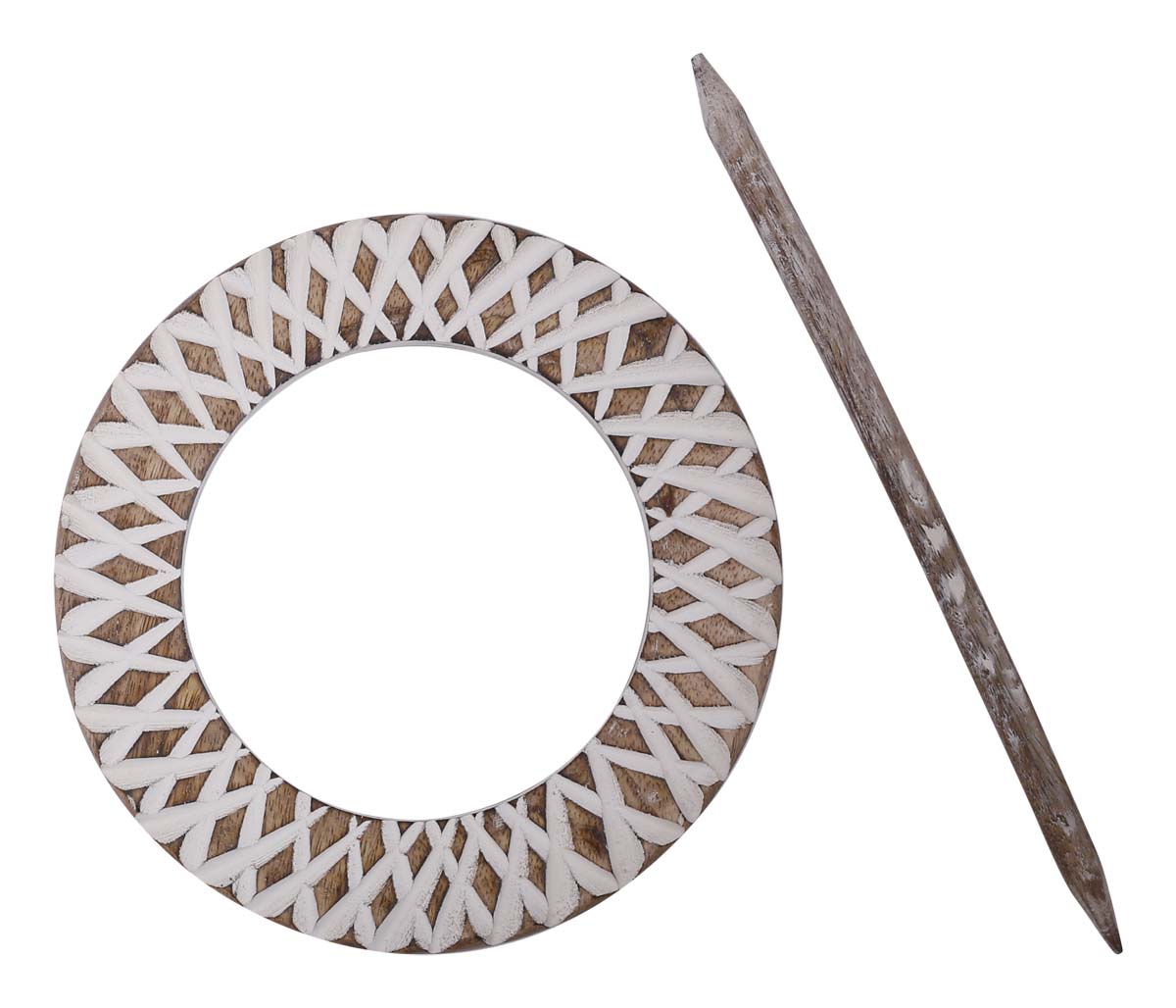 Bulk Wholesale Hand-Carved 9.5” Mango-Wood Curtain Tieback with Shades of White in Carved Wood - Antique-Look Curtain Stoppers from India