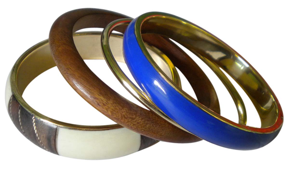 2.6” Blue Brown & Golden Bangles – Assorted Set of 4 in Brass, Wood & Resin – Women Fashion Accessories in Bulk at Wholesale