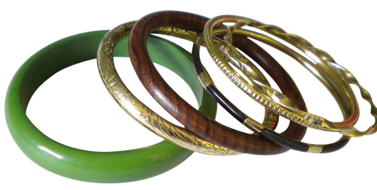 2.6” Green Brown & Golden Bangles – Assorted Set of 5 in Brass, Wood & Resin – Women Fashion Accessories in Bulk at Wholesale