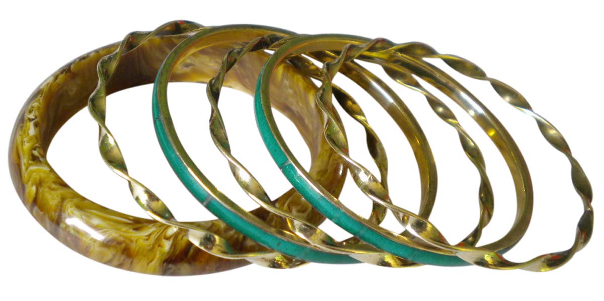 2.6” Turquoise & Golden Bangles – Assorted Set of 6 in Brass & Resin – Women Fashion Accessories in Bulk at Wholesale