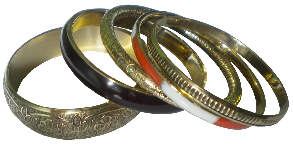 2.6” Black Orange Golden Bangles – Assorted Set of 5 in Brass & Resin – Women Fashion Accessories in Bulk at Wholesale