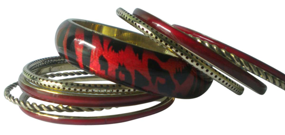 2.6” Red Black & Golden Bangles – Assorted Set of 9 in Brass & Resin – Women Fashion Accessories in Bulk at Wholesale
