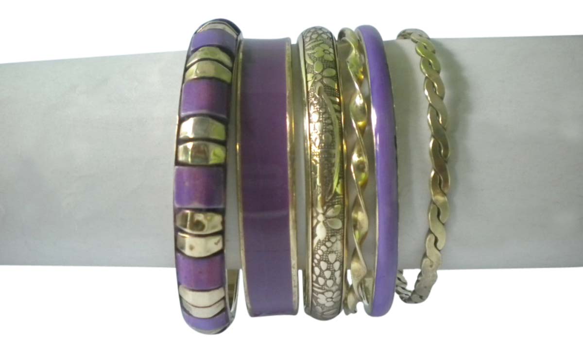 2.6” Purple Golden Bangles – Assorted Set of 6 in Brass & Resin – Women Fashion Accessories in Bulk at Wholesale