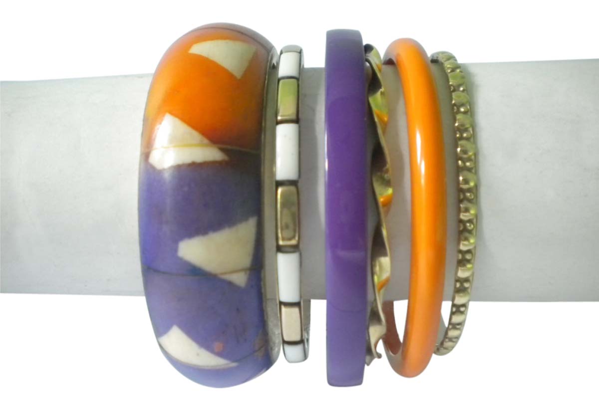 2.6” Purple Orange Golden Bangles – Assorted Set of 6 in Brass & Resin – Women Fashion Accessories in Bulk at Wholesale