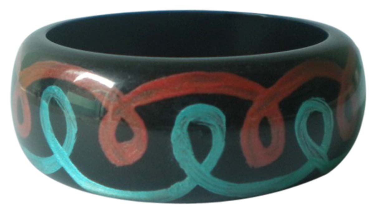 2.6” Black Big Bangle in Brass & Resin – Hand-Painted Swirls - Statement Accessories for Women in Bulk at Wholesale