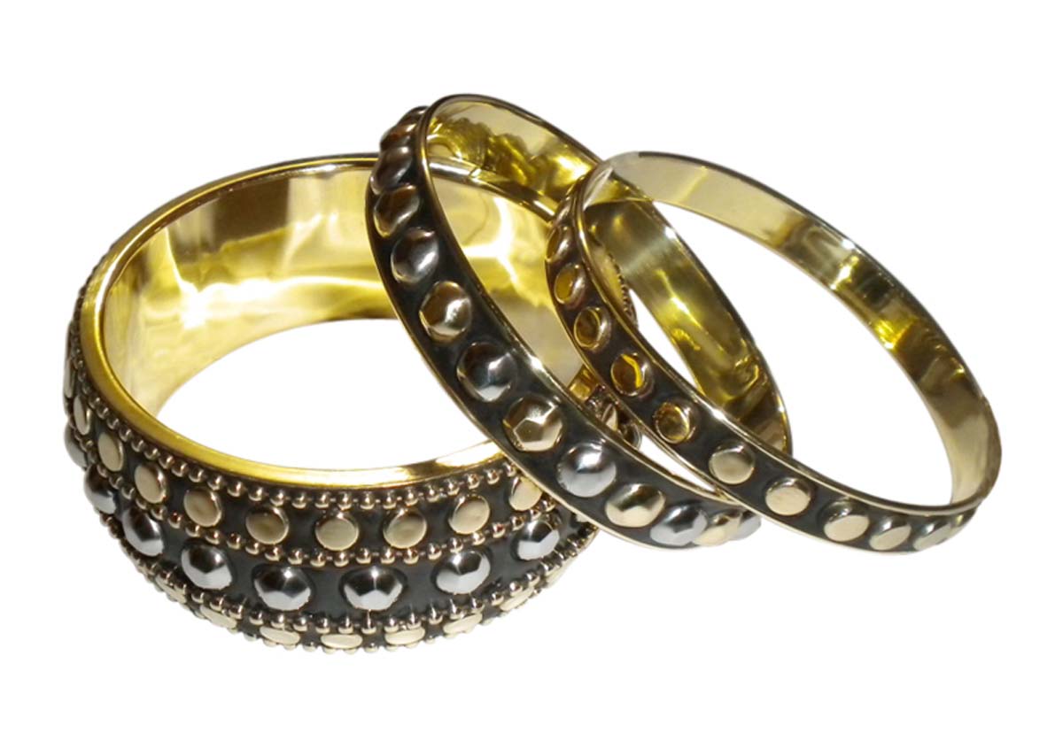 2.6" Brass & Steel Stud Bangles – Set of 3 – Handmade – Antique-Look Women/Teens Fashionable Accessories in Bulk at Wholesale