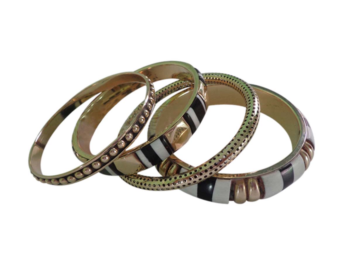 2.6" Black White Golden Bangles in Brass & Resin – Assorted Set of 4 – Handmade – Trendy Women Accessories in Bulk at Wholesale