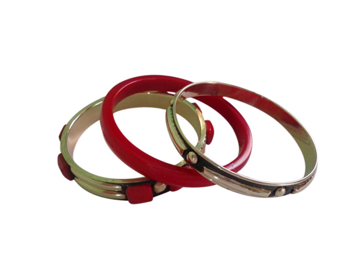 2.6” Red Golden Bangles in Brass & Resin – Assorted Set of 3 – Handmade – Trendy Women Accessories in Bulk at Wholesale