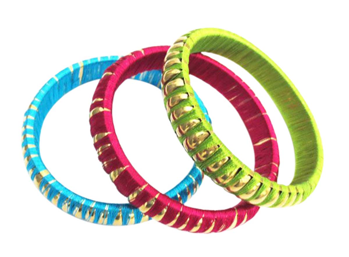 2.6” Colorful Bangles in Brass with Silk Thread – Assorted Set of 3 – Handmade – Trendy Women Accessories in Bulk at Wholesale