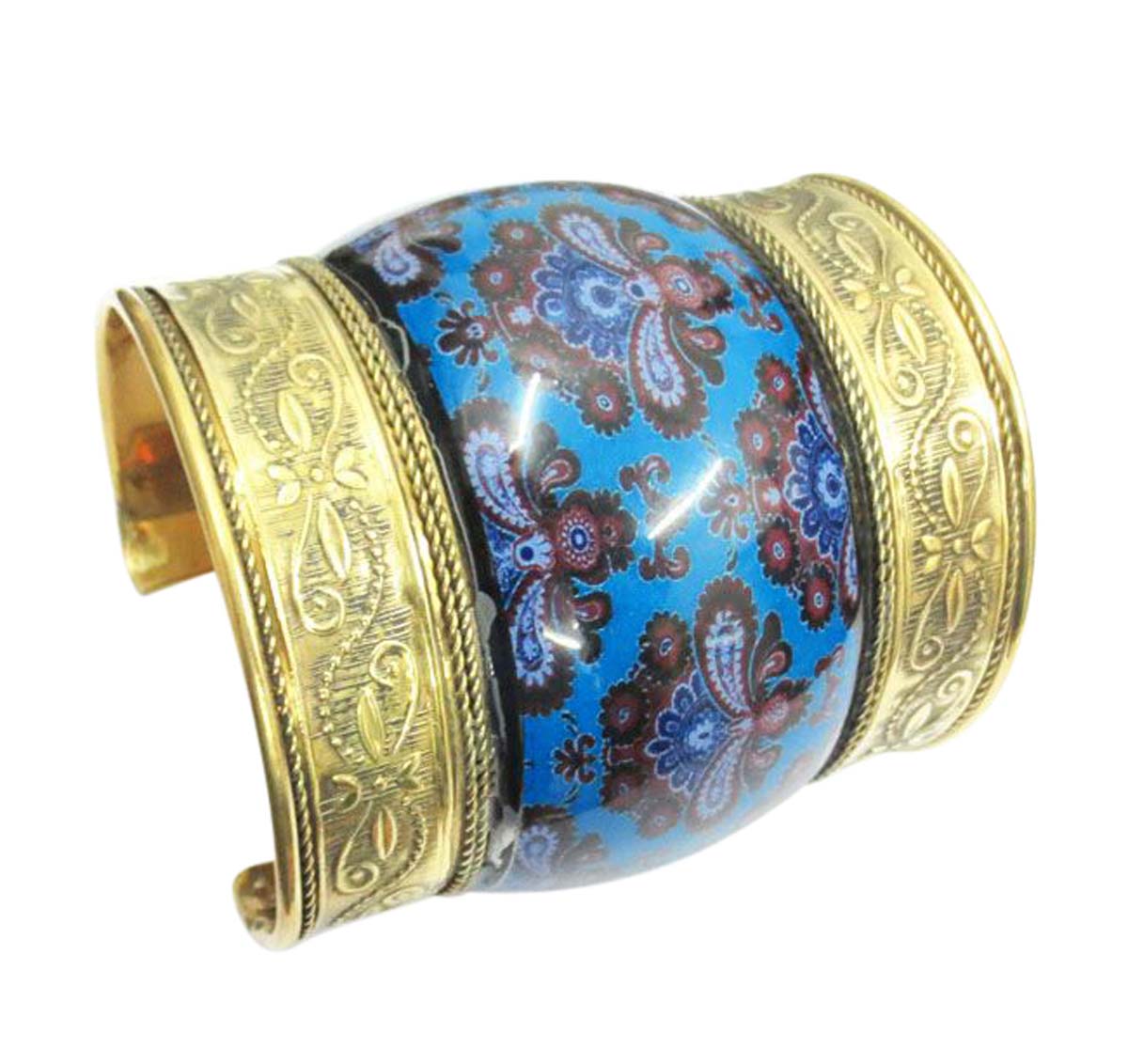 Big Brass Cuff Bracelet – Blue Golden with Floral Pattern – Antique-Look Women Accessories / Gifts in Bulk at Wholesale