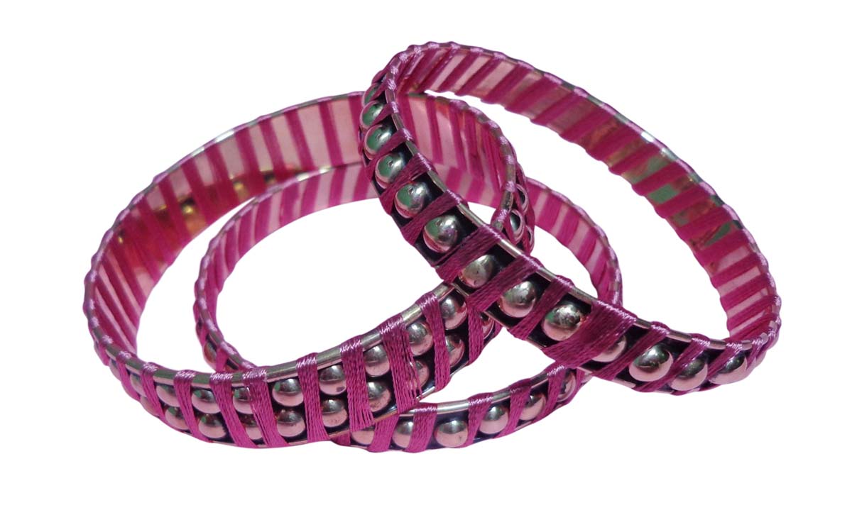2.6” Pink Stud Bangles in Brass with Silk Thread – Set of 3 – Handmade - Trendy Women Accessories in Bulk at Wholesale