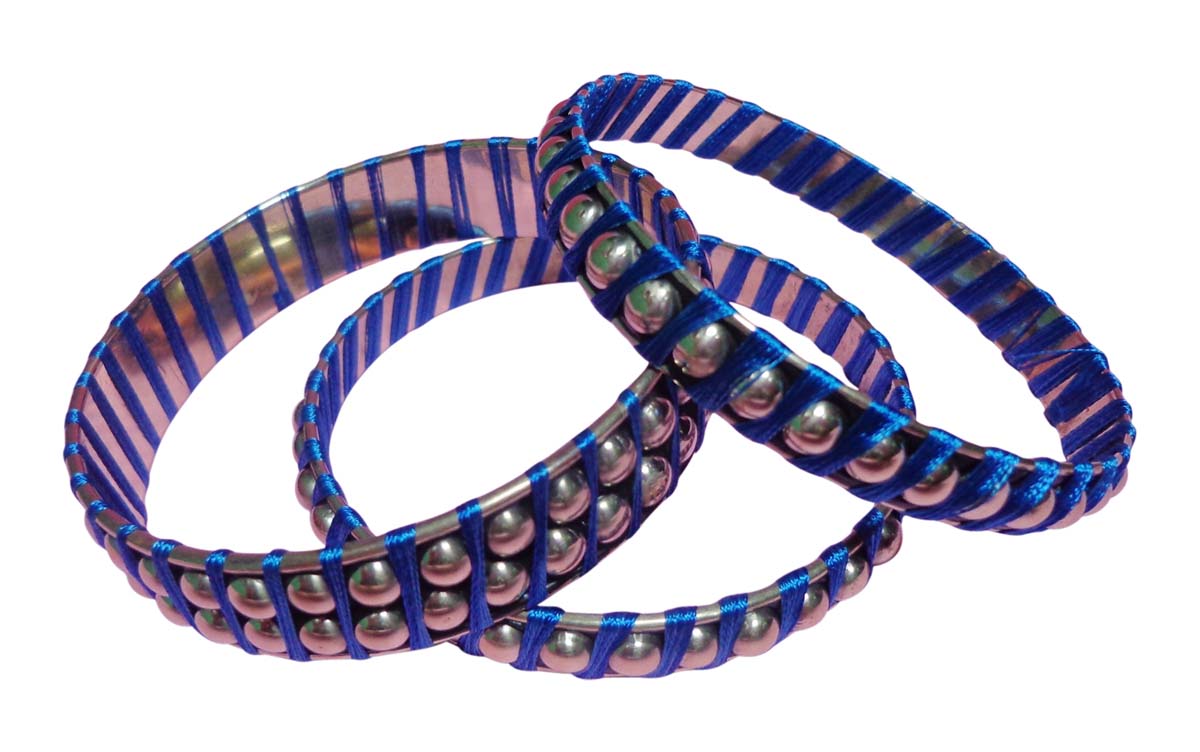 2.6” Blue Stud Bangles in Brass with Silk Thread – Set of 3 – Handmade - Trendy Women Accessories in Bulk at Wholesale