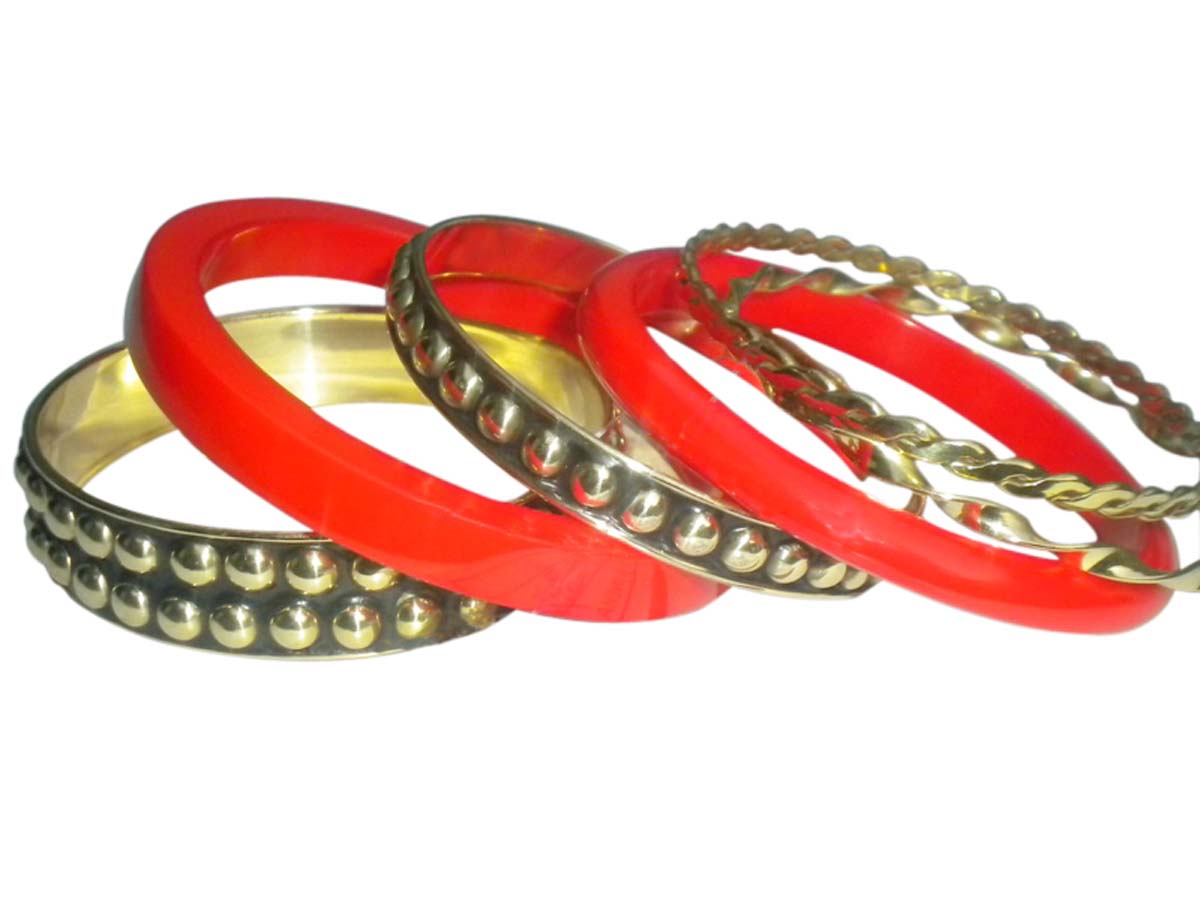 2.6” Orange Golden Bangles in Brass Resin & Bone – Set of 6 – Trendy Women Accessories in Bulk at Wholesale