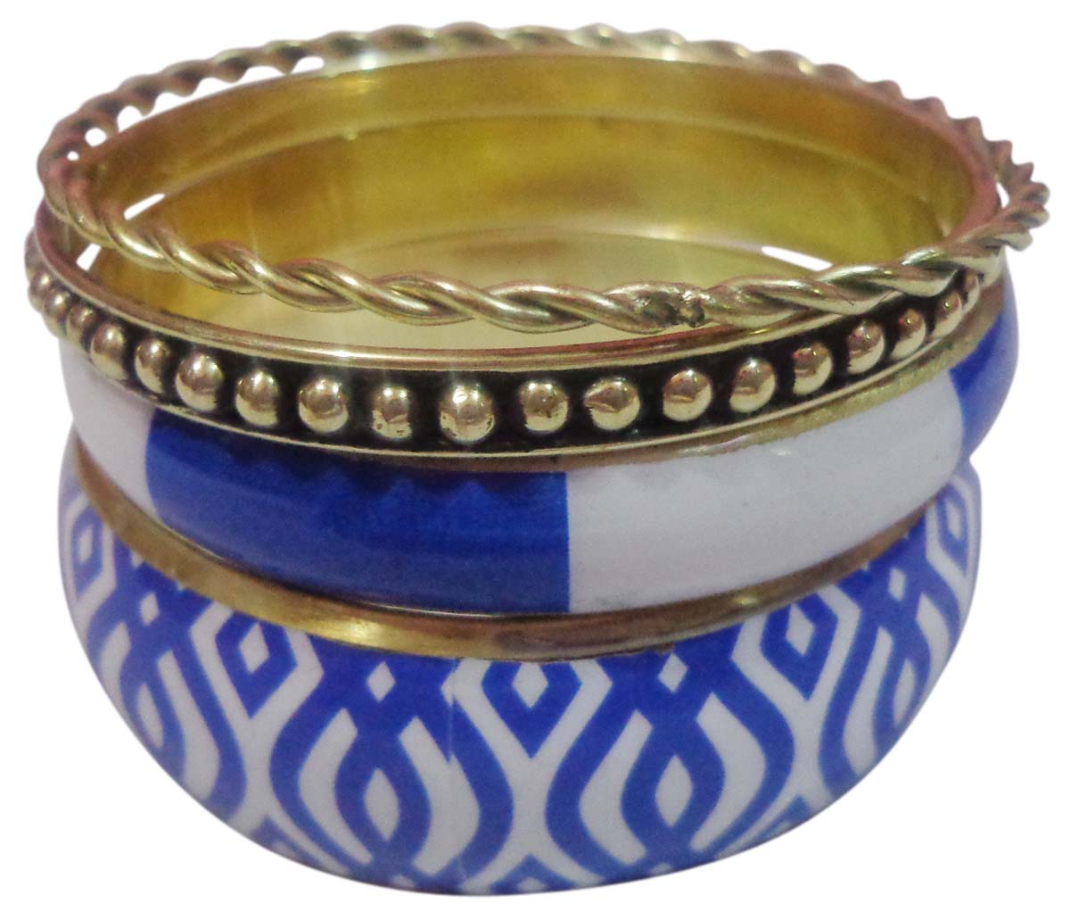 2.6” Blue White Golden Bangles in Brass – Set of 4 – Stylish Fashion Accessories for Women in Bulk at Wholesale