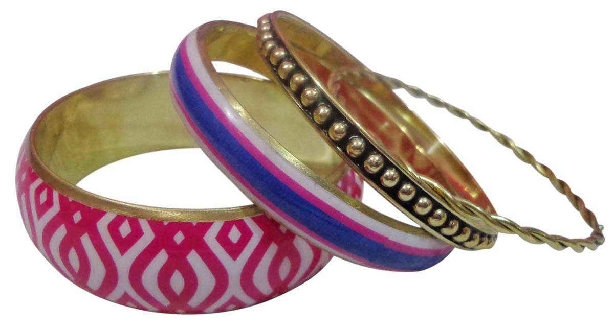 2.6” Pink Blue White Bangles in Brass – Set of 4 - Trendy Fashion Accessories for Women in Bulk at Wholesale Price