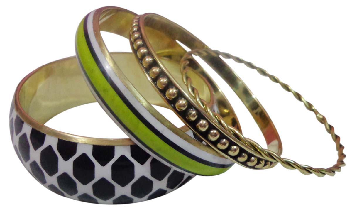 2.6” Black Green Golden Bangles in Brass – Set of 4 - Trendy Fashion Accessories for Women in Bulk at Wholesale Price