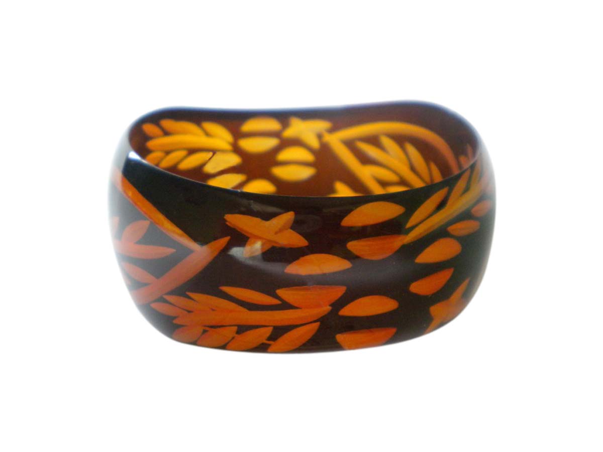 2.6” Black Orange Bangle in Resin with Floral Pattern - Trendy Fashion Accessories for Women in Bulk at Wholesale Price