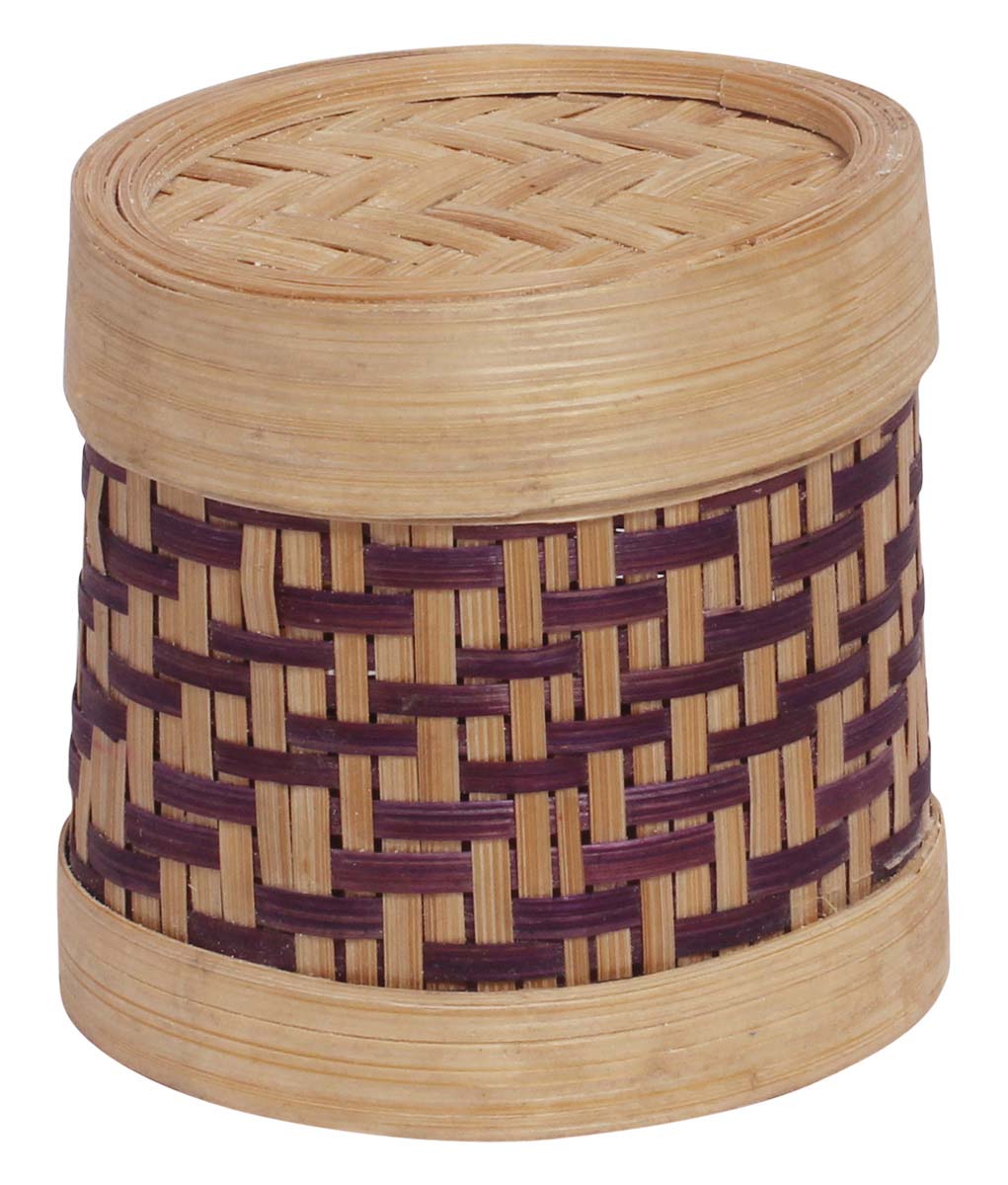 Round 8x8” Jewelry Box/Storage Box with Lid in Bulk - Wholesale Beige & Purple Jewelry Box/Trinket Box in Hand-Woven Bamboo Stripes from India