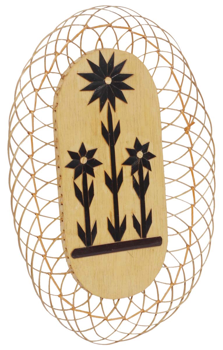 Beige Decorative Wall Hanging – Handmade in Bamboo – Black Flower Motifs – Artistic Wall Décor – Interior Decorating Items  Buy in Bulk Wholesale